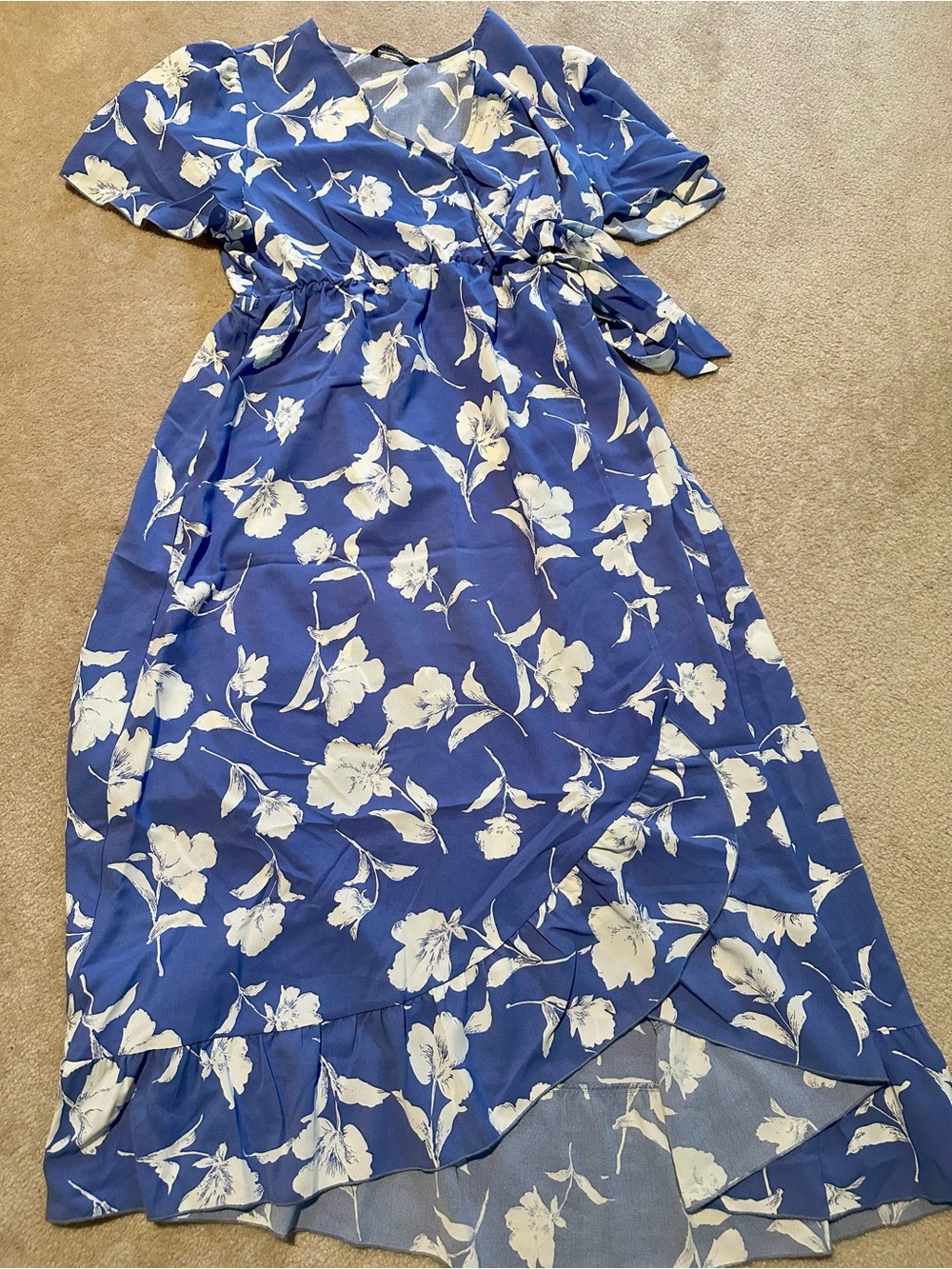 BloomChic Bloom floral ruffle knot side wrap dress, Blue